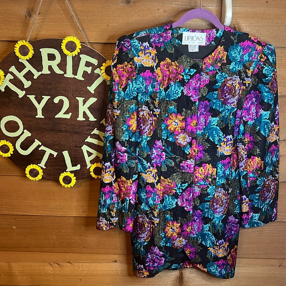 Liptons Vintage Silk Midi Length Button Jacket Coat Art Floral Designer 80s 90s